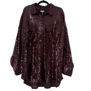Anthropologie Oversized Pilcro Sequin Burgundy Plum Button Down Top Blouse Sz S